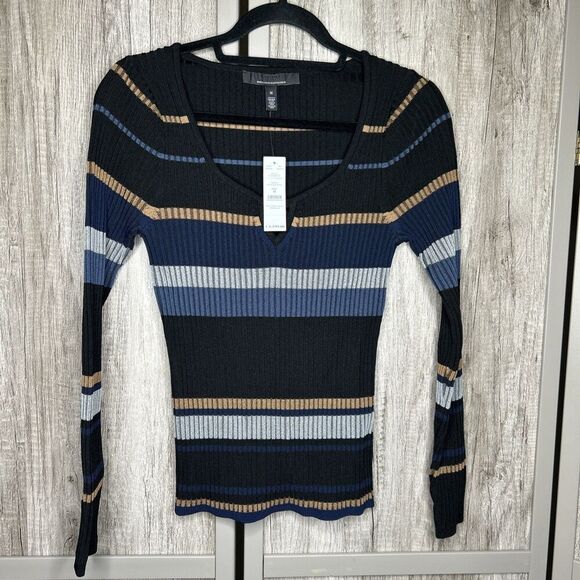 WHBM Top Keyhole Neckline Striped Ribbed Long Sleeves Size M NEW - Picture 1 of 5